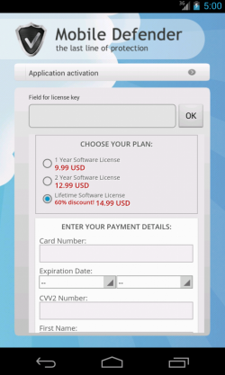 Mobile Defender credit card details